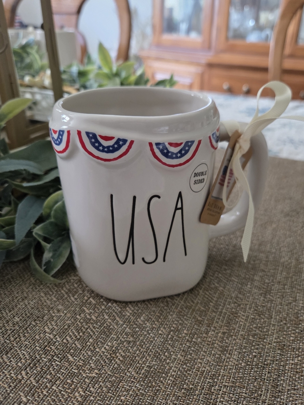 Rae Dunn White USA Mug with Red & Blue Bunting